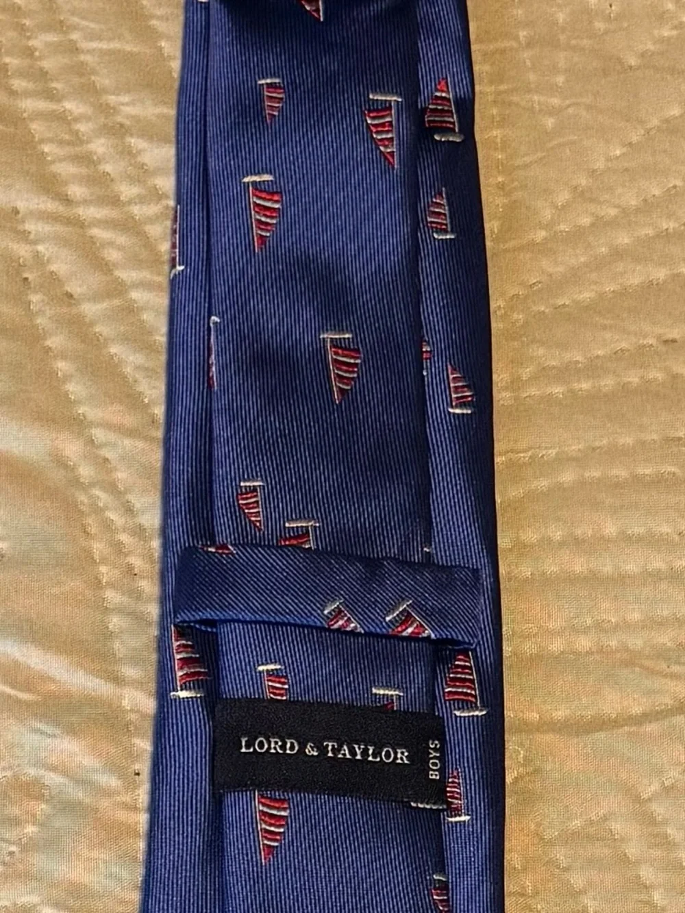 Lord & Taylor Blue Tie with Red and White Sailboat Motif